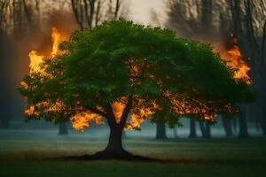 a tree with flames coming out of it in the middle of the field. AI-Generated photo