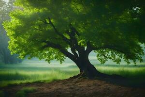 un árbol es en pie en el medio de un campo. generado por ai foto