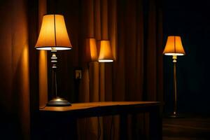 Tres lamparas son en un mesa en un oscuro habitación. generado por ai foto
