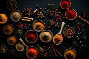 various spices and herbs in bowls on a black background. AI-Generated photo