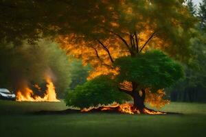 a tree is burning in the grass with a car in the background. AI-Generated photo