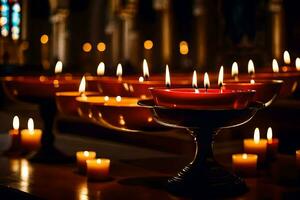 candles are lit in a church with candles. AI-Generated photo