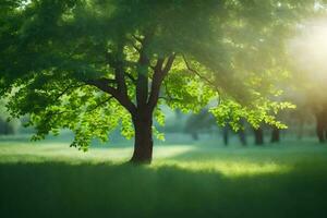 a tree in the middle of a field with sunlight shining through the leaves. AI-Generated photo