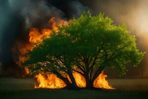 a tree is burning in the middle of a field. AI-Generated photo