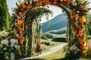 an archway with flowers and grass in the background. AI-Generated photo