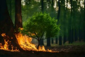 a tree is burning in the forest. AI-Generated photo