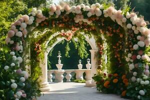 a wedding arch decorated with flowers and greenery. AI-Generated photo