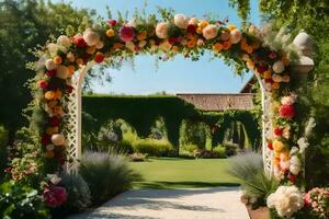 un Boda arco decorado con flores en el jardín. generado por ai foto