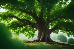 un grande árbol es mostrado en el medio de un campo. generado por ai foto