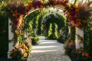 a walkway with flowers and greenery in front of an arch. AI-Generated photo