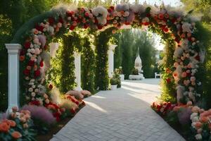 a walkway with flowers and greenery. AI-Generated photo
