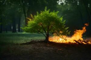 a tree is burning in the middle of a forest. AI-Generated photo