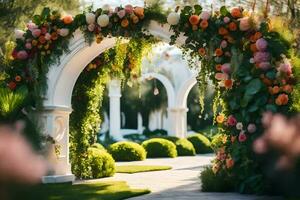 a wedding arch with flowers and greenery. AI-Generated photo