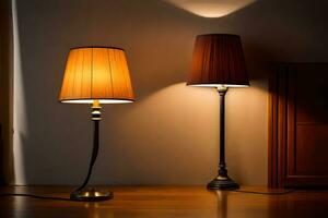dos lamparas en un de madera mesa en el oscuro. generado por ai foto