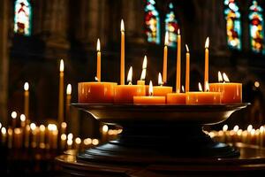 candles in a church with candles lit in the background. AI-Generated photo