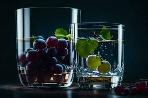 dos lentes lleno con agua y uvas. generado por ai foto