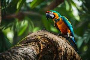 a colorful parrot sitting on a tree branch. AI-Generated photo