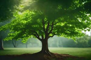 un árbol es mostrado en el medio de un campo. generado por ai foto