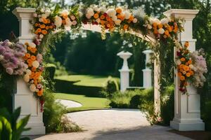 a wedding arch decorated with flowers and greenery. AI-Generated photo