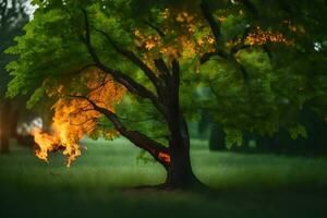 a tree with flames coming out of it in the middle of a field. AI-Generated photo