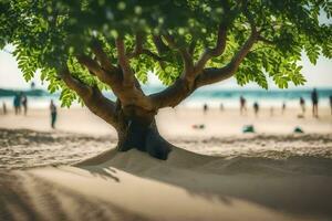 a tree on the beach with people in the background. AI-Generated photo