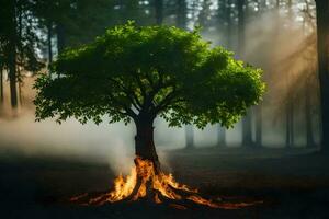 un árbol con fumar viniendo fuera de eso en el medio de un bosque. generado por ai foto