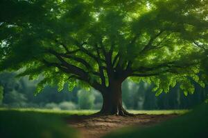 un árbol es mostrado en el medio de un campo. generado por ai foto