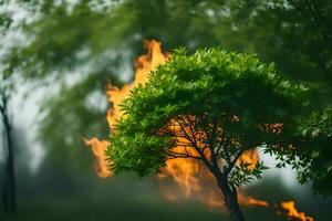 a tree with flames coming out of it. AI-Generated photo