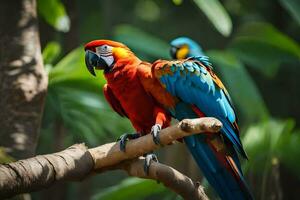 a colorful parrot sits on a branch in the jungle. AI-Generated photo