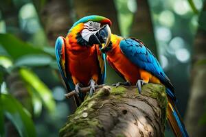 two colorful parrots sitting on a tree branch. AI-Generated photo