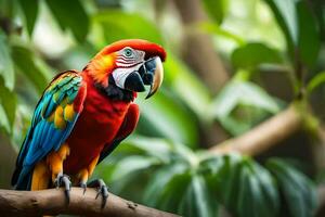 a colorful parrot is sitting on a branch. AI-Generated photo