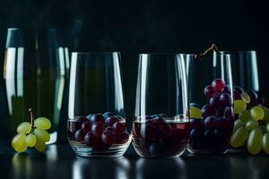 wine glasses with grapes and grapes on a dark background. AI-Generated photo