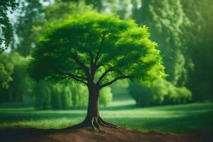 a tree in the middle of a green field. AI-Generated photo