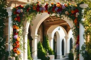 a wedding arch decorated with flowers. AI-Generated photo