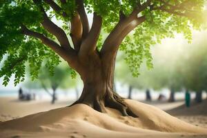 un árbol es creciente fuera de el arena en un playa. generado por ai foto