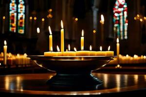 velas son iluminado en un Iglesia con manchado vaso ventanas generado por ai foto