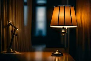 a lamp on a table in a dark room. AI-Generated photo