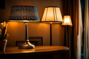 a table with a lamp on it and a lamp on the table. AI-Generated photo