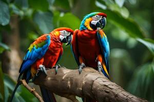 two colorful parrots sitting on a branch. AI-Generated photo