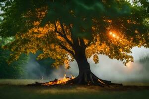 a tree with fire in the middle of it. AI-Generated photo