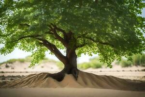 a tree in the desert with sand on top. AI-Generated photo