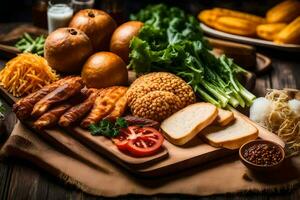 a wooden cutting board with various foods on it. AI-Generated photo