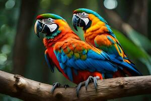 two colorful parrots sitting on a branch. AI-Generated photo