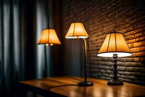 three lamps on a table in front of a brick wall. AI-Generated photo