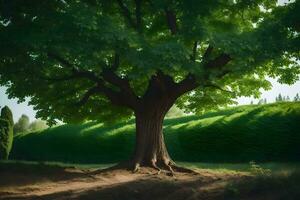 un grande árbol en el medio de un campo. generado por ai foto