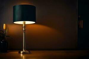 a gold lamp with a black shade on a table. AI-Generated photo