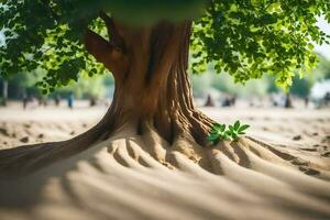 a tree with roots growing out of the sand. AI-Generated photo