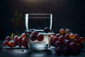 a glass of water with grapes on a dark background. AI-Generated photo