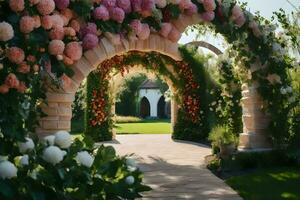 a walkway with flowers and archway. AI-Generated photo