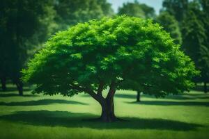 un árbol en un verde campo con arboles en el antecedentes. generado por ai foto